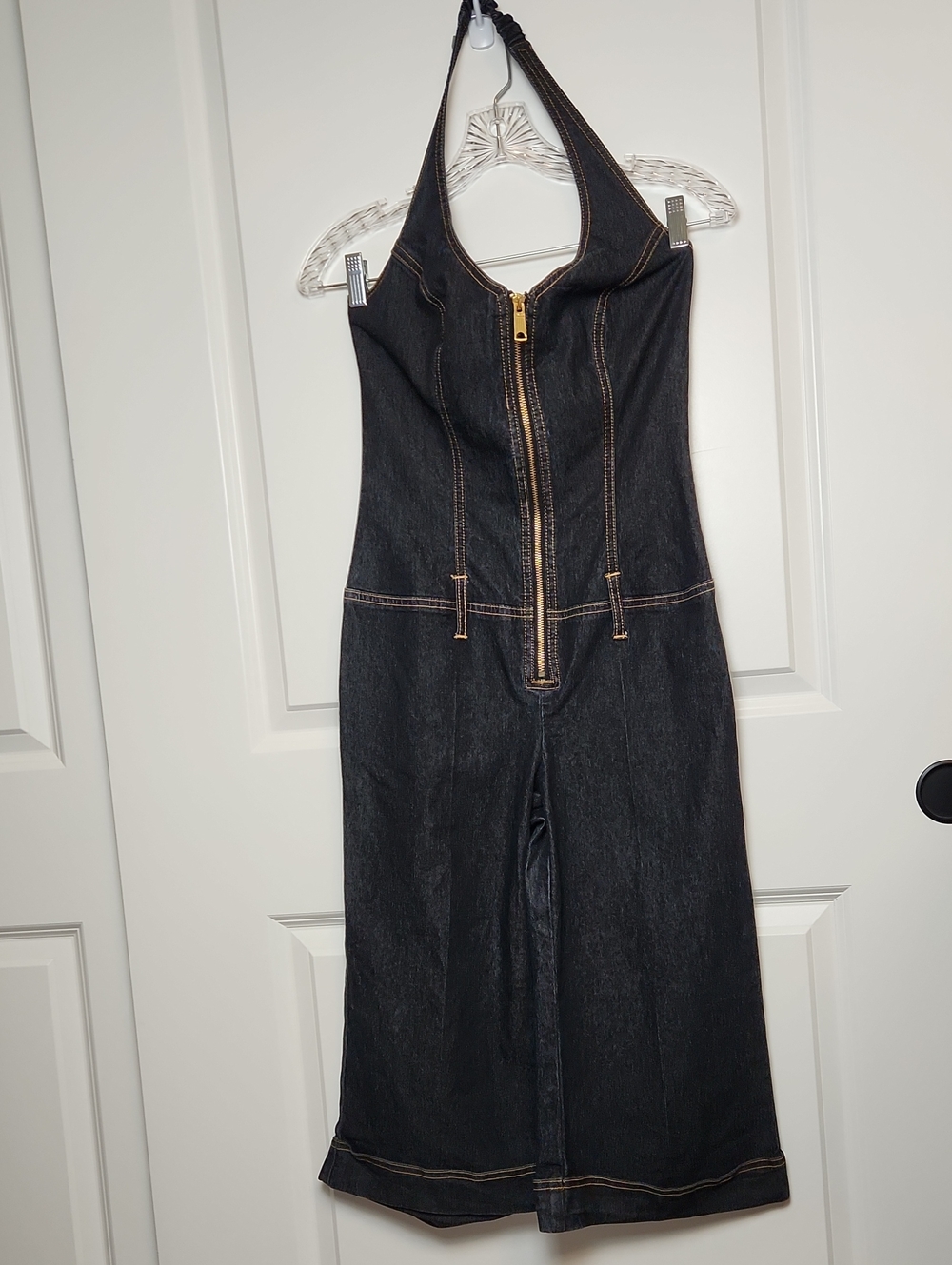 Bispu Bisou Dark Wash Halter Denim Wide Leg Crop Jumper with Front Zipper Size S